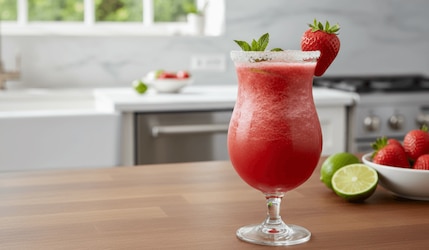 Ein Glas mit einem Erdbeer Daiquiri Mocktail steht auf einer Kücheninsel
