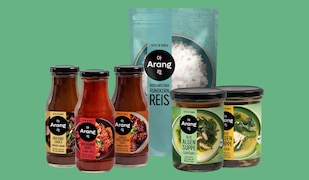 Arang Produkte vor grünem Hintergrund