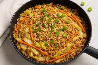 Asiatischer One Pot Nudeltopf in einer Pfanne