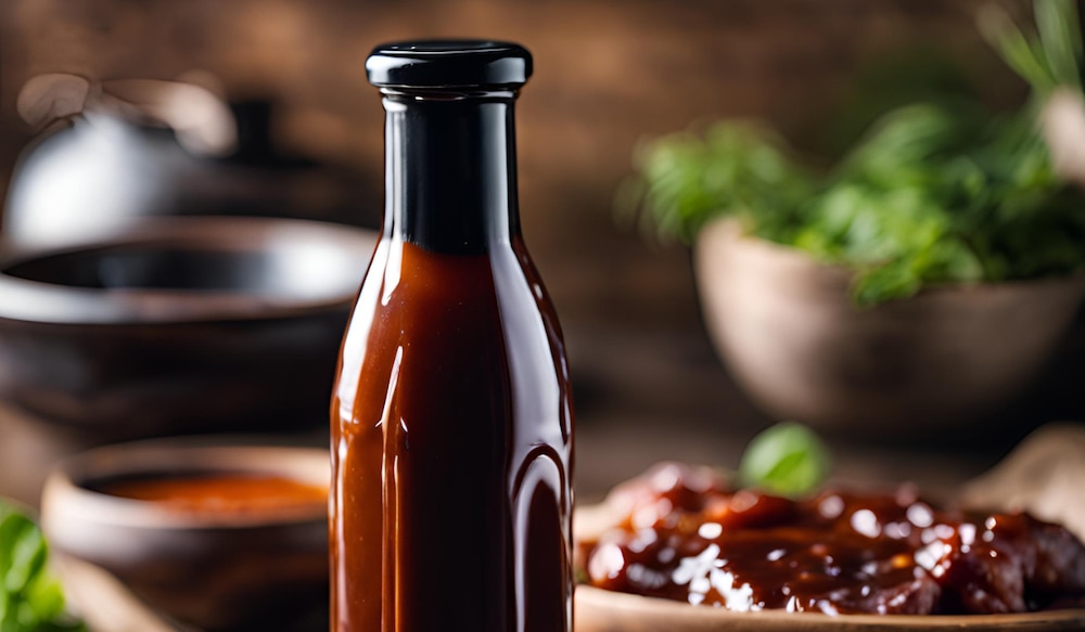 BBQ Sauce im Glas, im Hintergrund Schalen