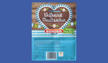 BÜRGER Weißwurst Maultaschen Packshot vor blauem Hintergrund 2024