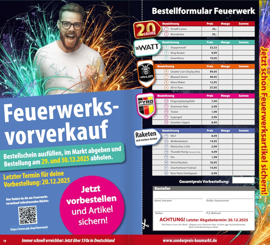 Sonderpreis Baumarkt Feuerwerk vorbestellen Formular 2025 2026