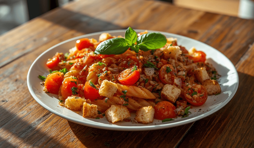 Bruschetta-Pasta-Salat mit Tomaten und Knusperbrot