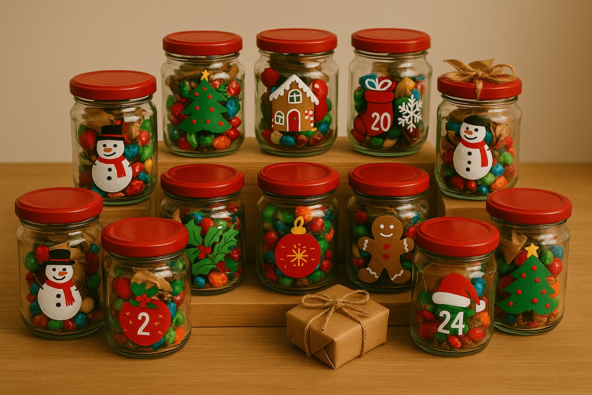 Adventskalender aus Marmeladengläsern gefüllt mit Süßigkeiten. 
