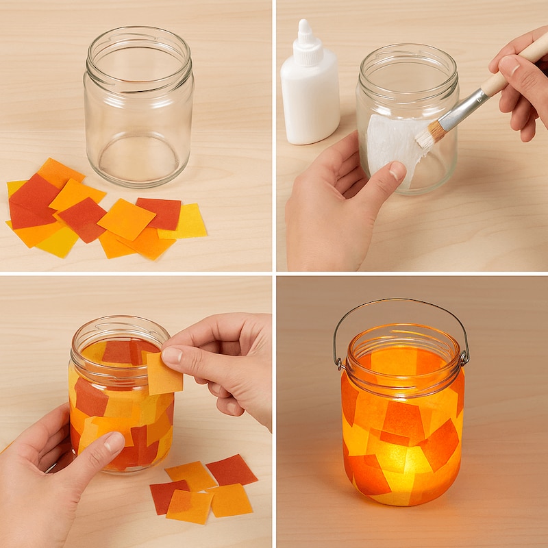 Vier Bilder wie in wenigen Schritten mit einem Glas, Kleber und Kreppapier eine schöne Laterne gebastelt wird