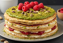 Crepe Torte mit Himbeeren und Pistazien