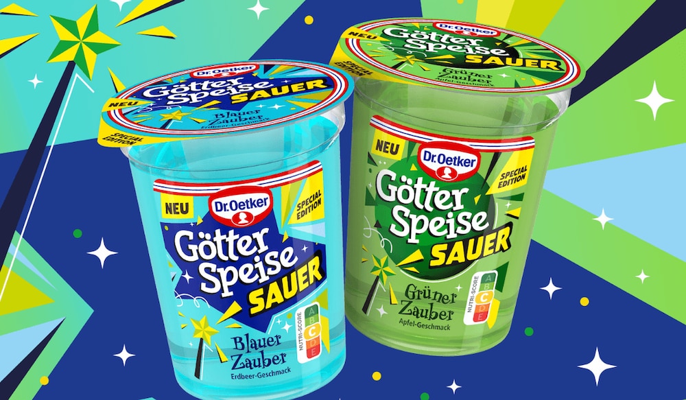 Zwei Sorten Dr. Oetker Götterspeise Sauer Blauer und Grüner Zauber