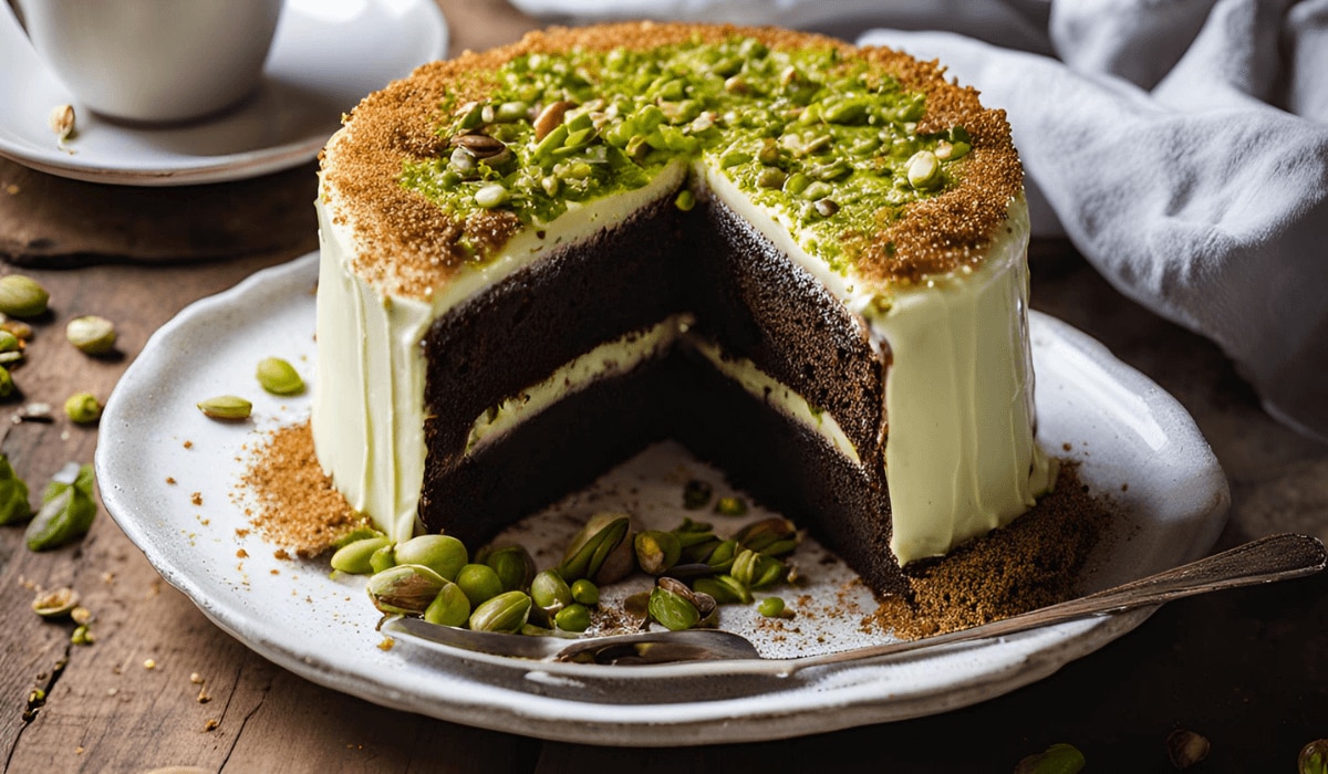 Dubai Chocolate Cake angeschnitten auf einem Teller