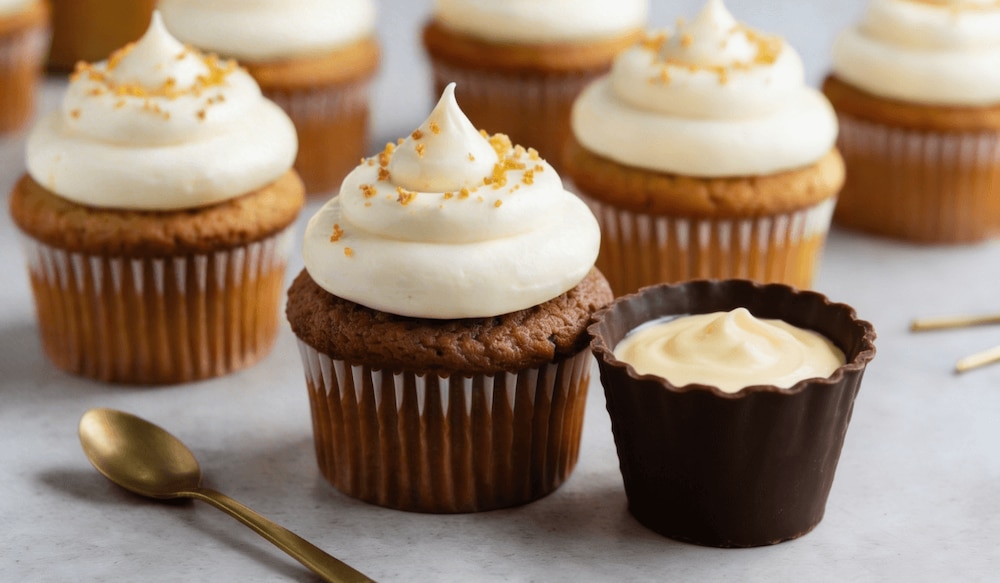 Selbstgemachte Eierlikör-Cupcakes mit einem Schokobecher daneben