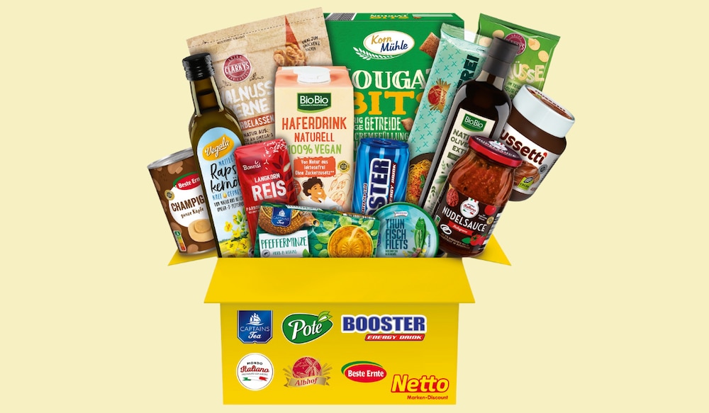 Eigenmarken Probierpaket von Netto MD vor gelbem Hintergrund