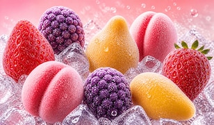 Fruchteis in Form von Erdbeere, Mango, Pfirsich und Brombeere