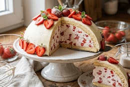 Frisch gebackene Erdbeer-Kuppeltorte auf einem weißen Tortenteller, der auf einer Holz-Arbeitsplatte in einer Küche steht. Daneben sind noch frische Erdbeeren, die verwendet wurden zu sehen.