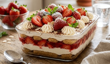 Frisch zubereitetes Erdbeer-Tiramisu in einer Glasschale