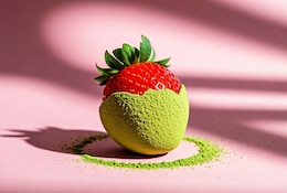 Erdbeeren in Matcha Pulver vor rosa Hintergrund