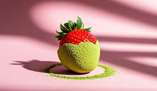 Erdbeeren in Matcha Pulver vor rosa Hintergrund