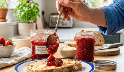 Selbstgemachte Erdbeermarmelade wird mit einem Teelöffel auf ein frisch gebackenes Brot gemacht