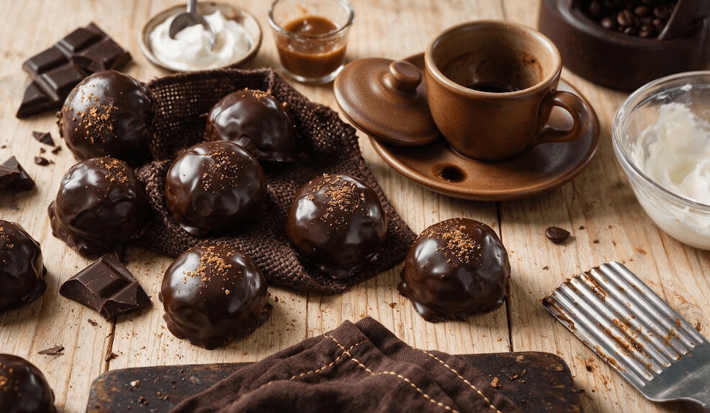 Selbstgemachte Schokoladen-Espresso-Pralinen auf einem Holztisch