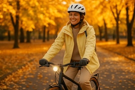 Fahrrad fahrende Frau mit gelber Jacke und Helm in herbstlicher Landschaft