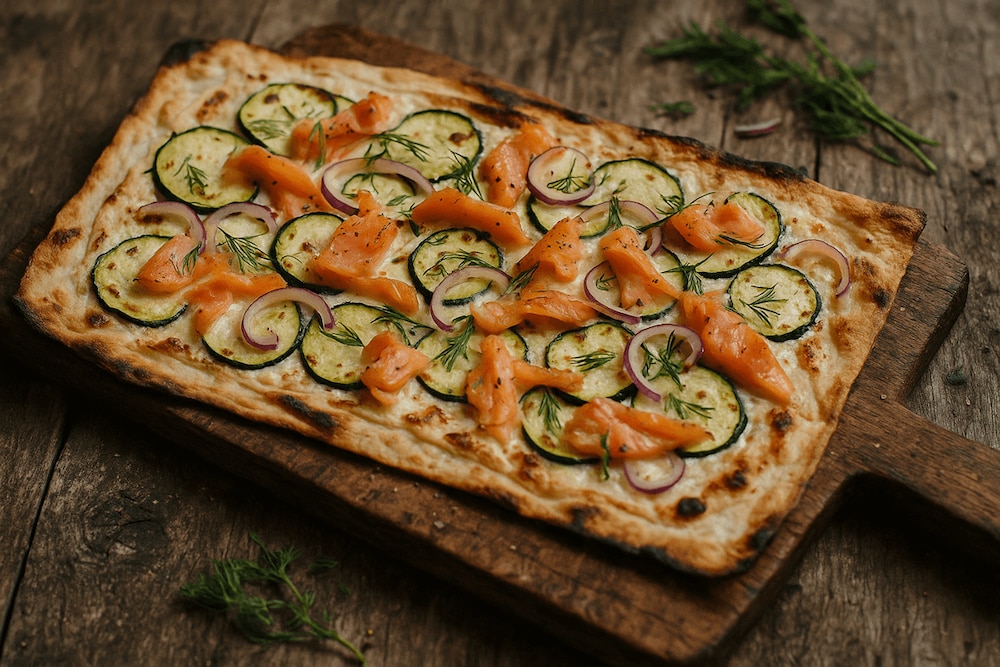 Rezept für Flammkuchen mit Lachs und Zucchini