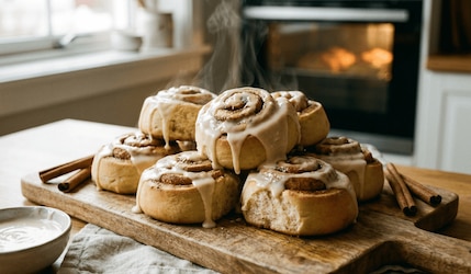 Frischgebackene Zimtschnecken auf einem rustikalen Holzbrett