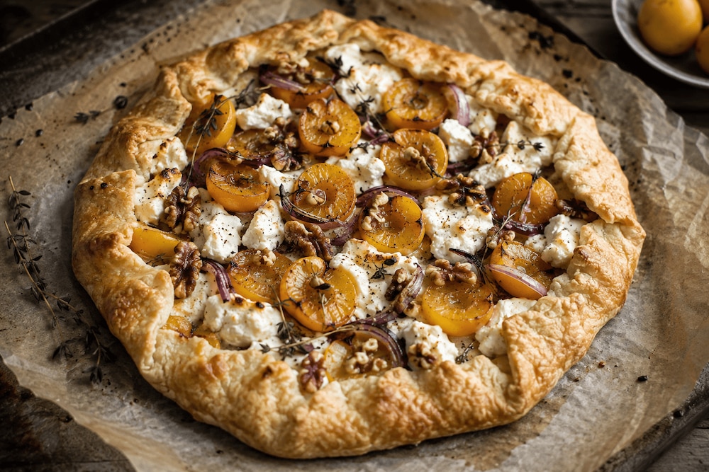 Galette mit Mirabellen Walnüssen und Ziegenkäse