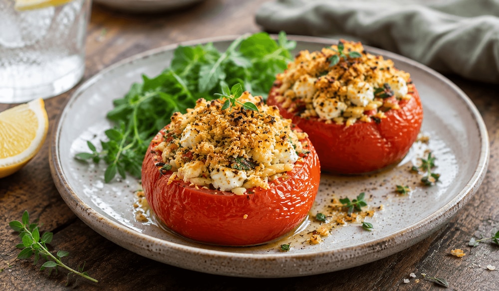 Gefüllte Tomaten mit Orzo, Feta und knuspriger Zitronenkruste
