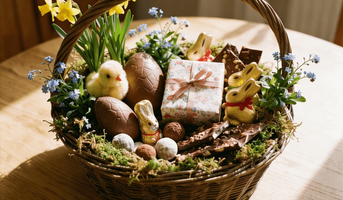Osterkörbchen mit Schokolade und Geschenk gefüllt