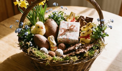 Ein mit Schokolade gefülltes Osterkörbchen