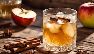 Glas mit Apfelsaft, Eiswürfeln, Zimtstangen mit Äpfeln und Zimtstangen im Hintergrund