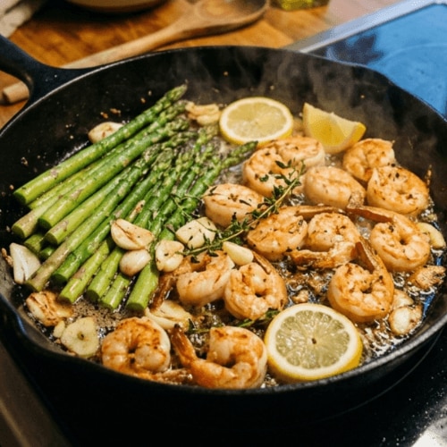 Spargel und Garnelen