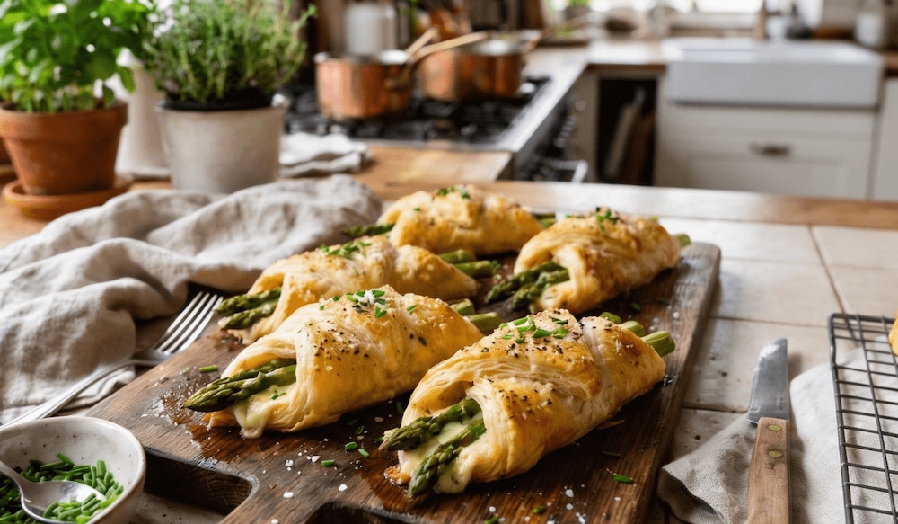 Frisch zubereiteter grüner Spargel im Blätterteig mit frischen Kräutern und Frischkäse, die auf einem rustikalen Brett in einer Küche liegen