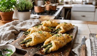 Frisch zubereiteter grüner Spargel im Blätterteig mit frischen Kräutern und Frischkäse, die auf einem rustikalen Brett in einer Küche liegen