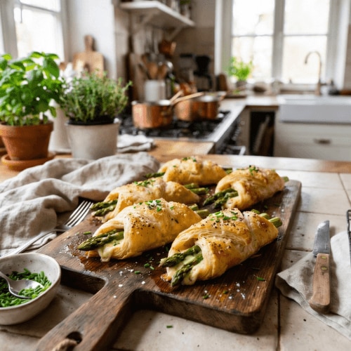 Grüner Spargel im Blätterteig
