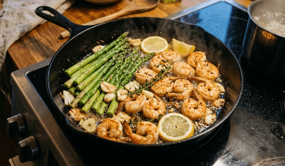 Grüner Spargel mit Garnelen, Zitrone und Knoblauch angebraten in einer Pfanne