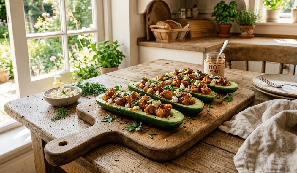 Gurken Boote mit Feta und Honig-Hähnchen
