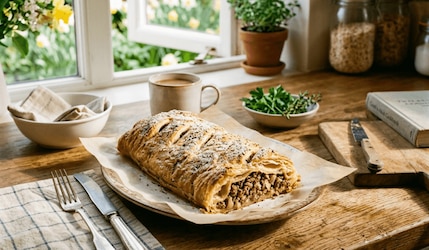 Ein frischgebackener Hackstrudel liegt angerichtet auf einem Teller in einer Küche
