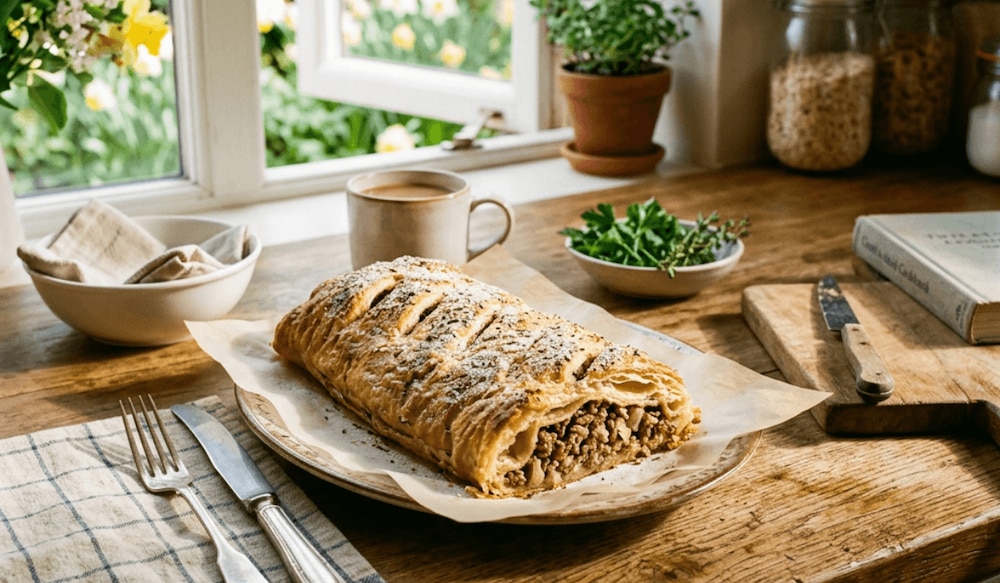 Ein frischgebackener Hackstrudel liegt angerichtet auf einem Teller in einer Küche