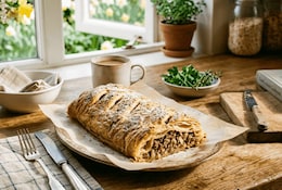 Ein frischgebackener Hackstrudel liegt angerichtet auf einem Teller in einer Küche