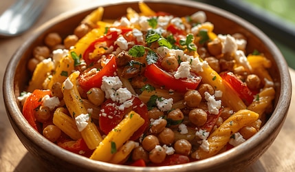 Nudelsalat mit Harissa, Paprika, Feta, Kichererbsen