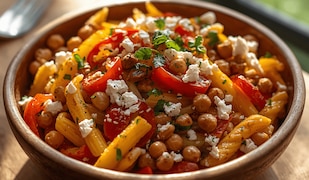 Nudelsalat mit Harissa, Paprika, Feta, Kichererbsen