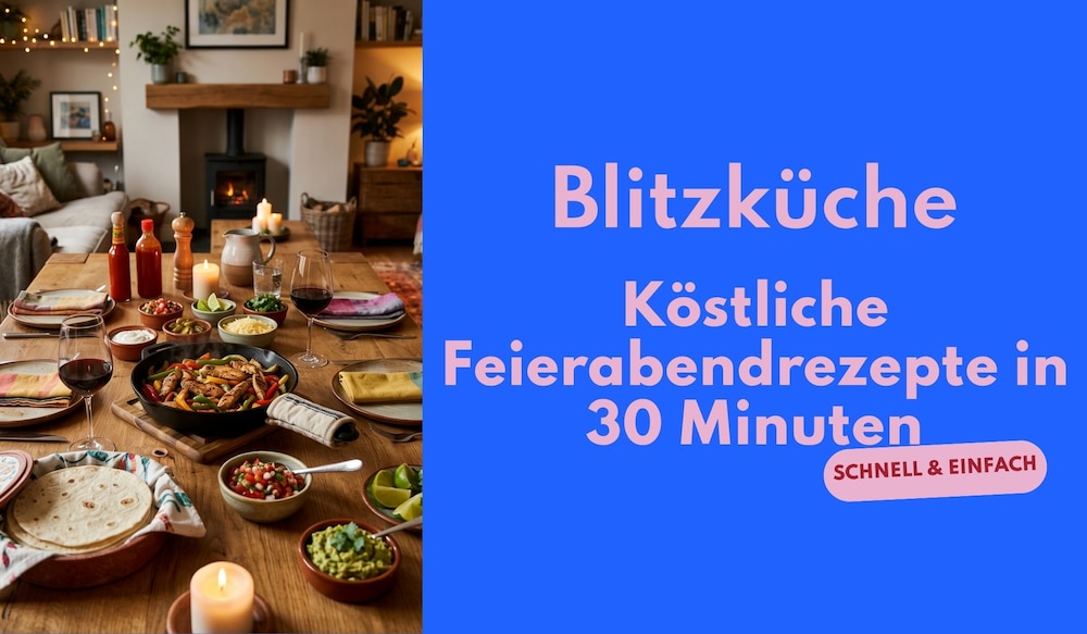 Titelbild Blitzküche für köstliche Feierabendrezepte in 30 Minuten. Ein gemütlich-eingerichtetes Wohnzimmer mit einem Holztisch, der gedeckt ist für ein Familienabendessen mit Tex-Mex Fajitas mit Hähnchen