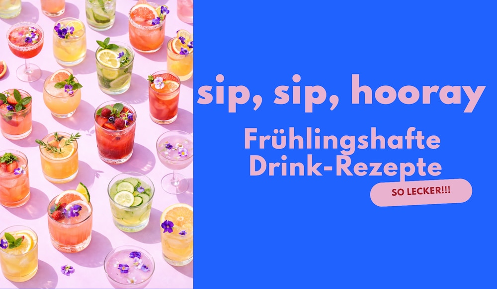 Frühlingsdrinks mit verschiedenen pastellfarbenen kleinen Gläsern