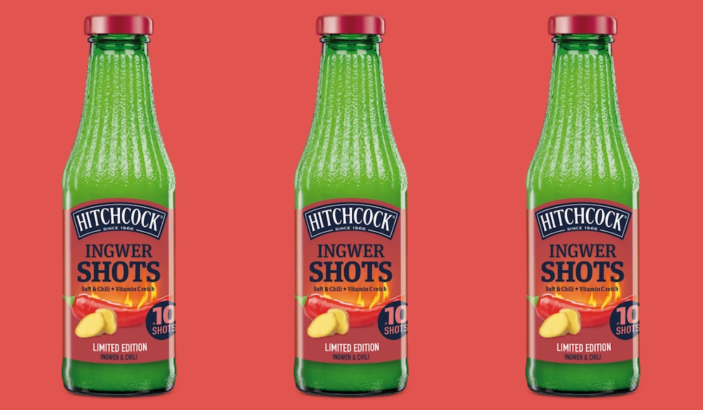 Hitchcock Chili Limited Edition Ingwer Shot Packshot vor rotem Hintergrund