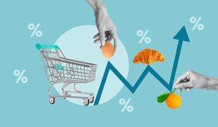 Inflation von Lebensmitteln und Alltagsprodukten dargestellt als Kurve mit Einkaufswagen