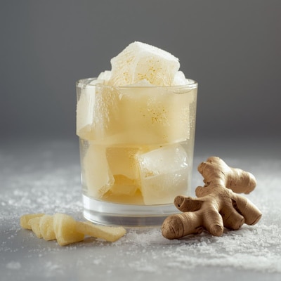 Ingwer-Shot mit Eiswürfeln in einem Glas, daneben frischer Ingwer