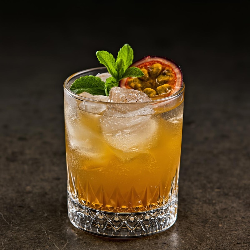 Ipanema Mocktail mit Eiswürfeln, Limette, Passionsfrucht und Minze in einem Glas
