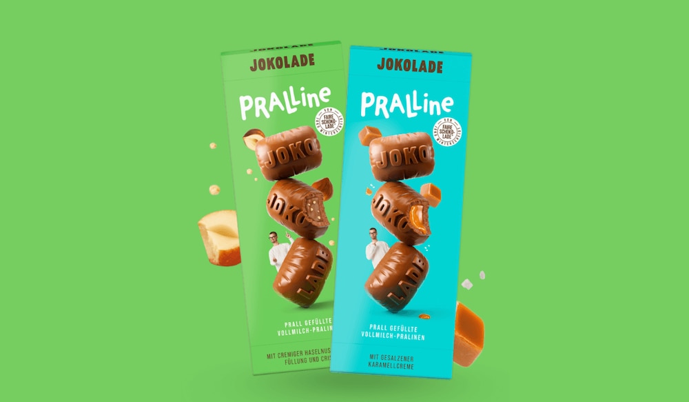 Zwei Sorten Jokolade Pralline vor knallgrünem Hintergrund