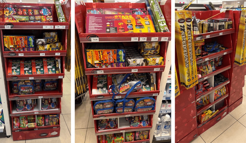 Aufsteller mit Kinder- und Jugendfeuerwerk in Berliner Rossmann-Filiale