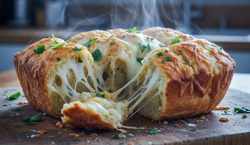 Käse-Knoblauch Pull Apart Bread auf einem Holzbrett