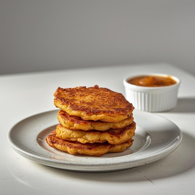 Goldbraune Kartoffelpuffer auf einem Teller, serviert mit Apfelmus